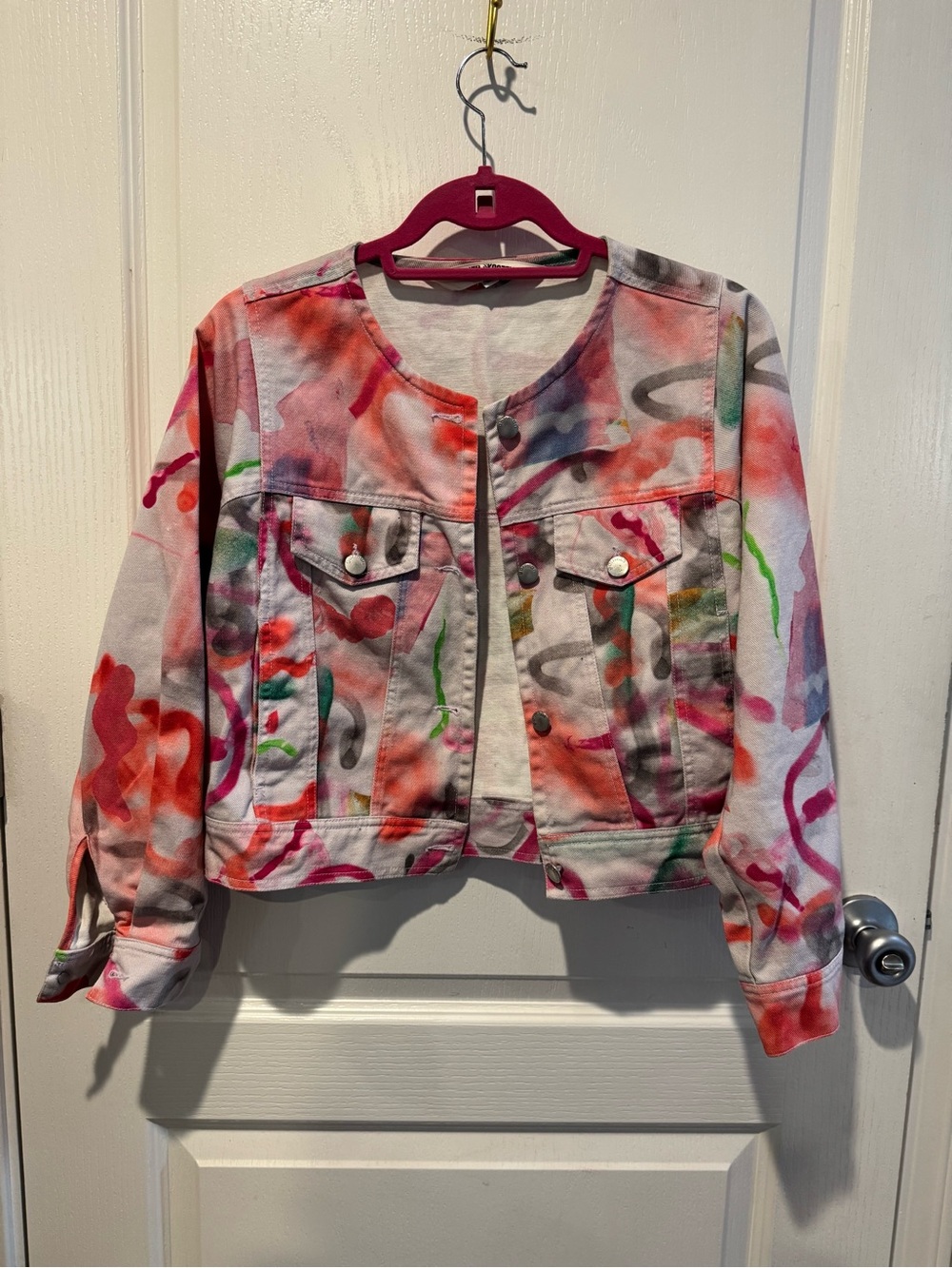 gorman Pink Multi-Color Abstract Spray Paint Cropped Jean Jacket